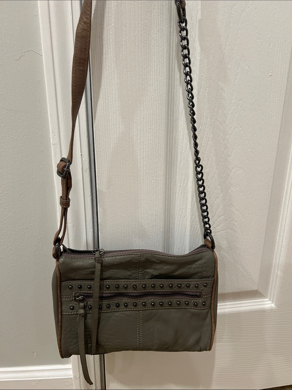Stylish Olive Green Studded Crossbody Bag with Brown Trim
